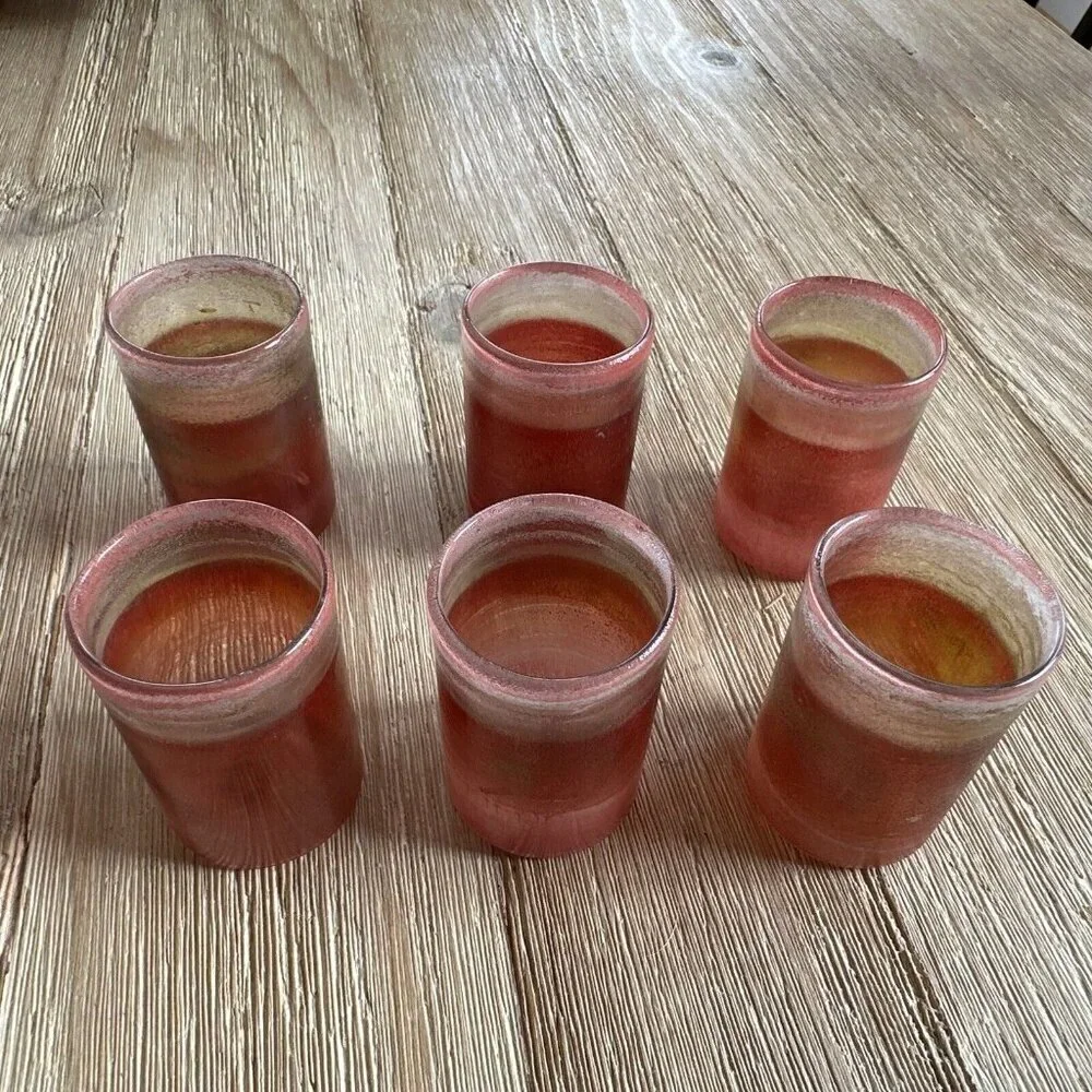 6 Hand Blown Art Glass Shot Glasses Pink Gold Swirl Bohemian Artisan Mid Century